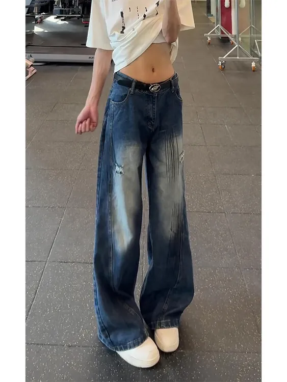 美式泼墨破洞弯刀牛仔裤男秋冬季宽松复古潮牌设计感微破洞牛仔裤