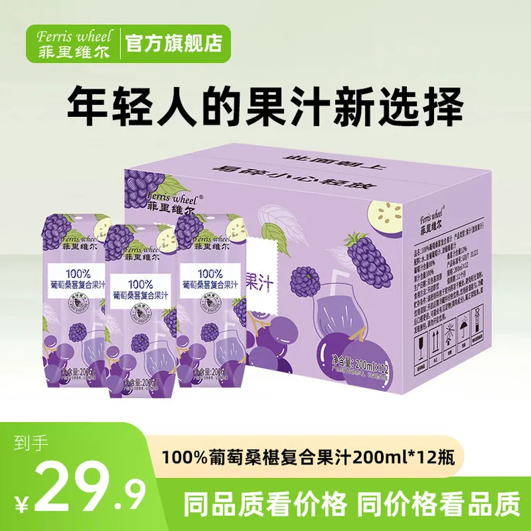 菲里维尔100%葡萄桑葚复合果汁饮料网红饮品小瓶饮料200ml*12瓶