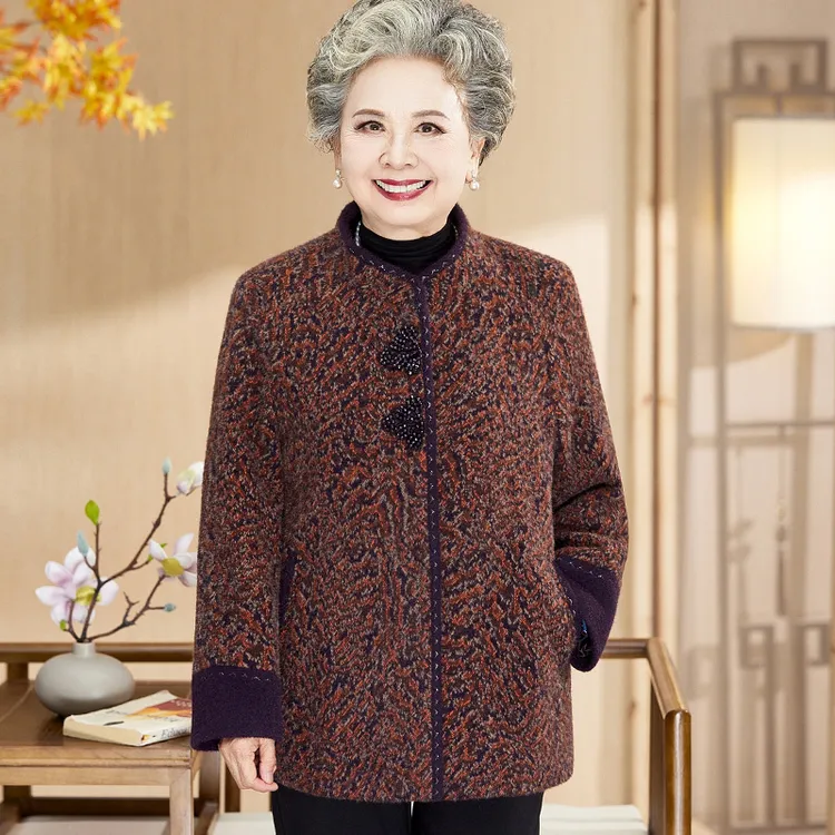 奶奶秋冬装高档呢子外套中老年人妈妈加厚唐装大衣老太太宽松衣服