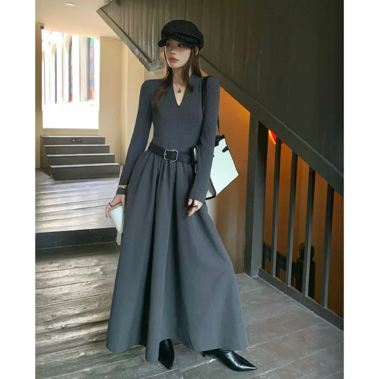 2025秋季新款气质V领长款拼接百搭连衣裙送腰带时尚套装女A1529