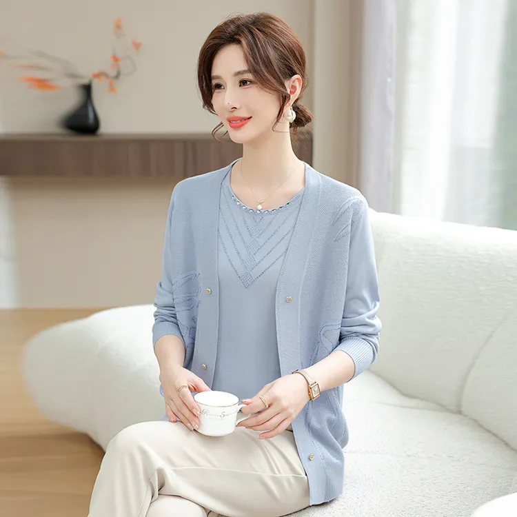 气质妈妈春秋提花T恤上衣新款中老年两件套薄款针织开衫时尚衣服