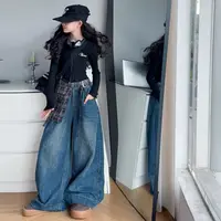 【Maila童装】女童韩系格子屁帘牛仔阔腿裤春秋黑色上衣牛仔裤套装