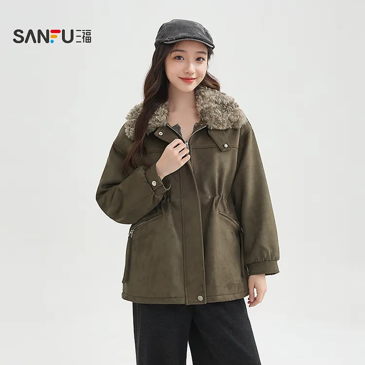 三福厚外套2025冬季麂皮绒仿羊羔毛收腰加厚夹克女装520463