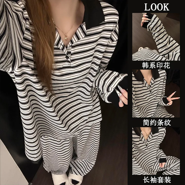 ins风条纹印花睡衣女秋季简约韩版宽松可外穿长袖长裤家居服套装