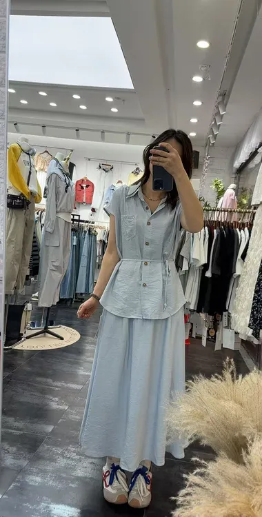 夏季清凉气质款两件套欧货韩版翻领衬衣半身裙套装通勤森系温柔风