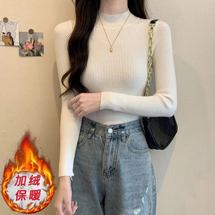 KALUOLAI/卡洛莱加绒加厚内搭半高领打底针织衫女秋冬款修身上衣