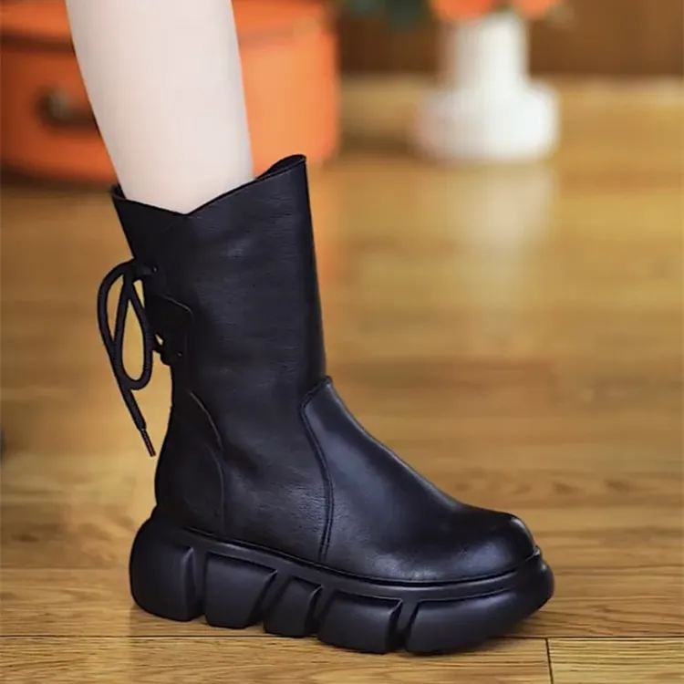 真皮厚底中筒靴女2025新款秋冬季英伦风加绒百搭增高松糕底马丁靴