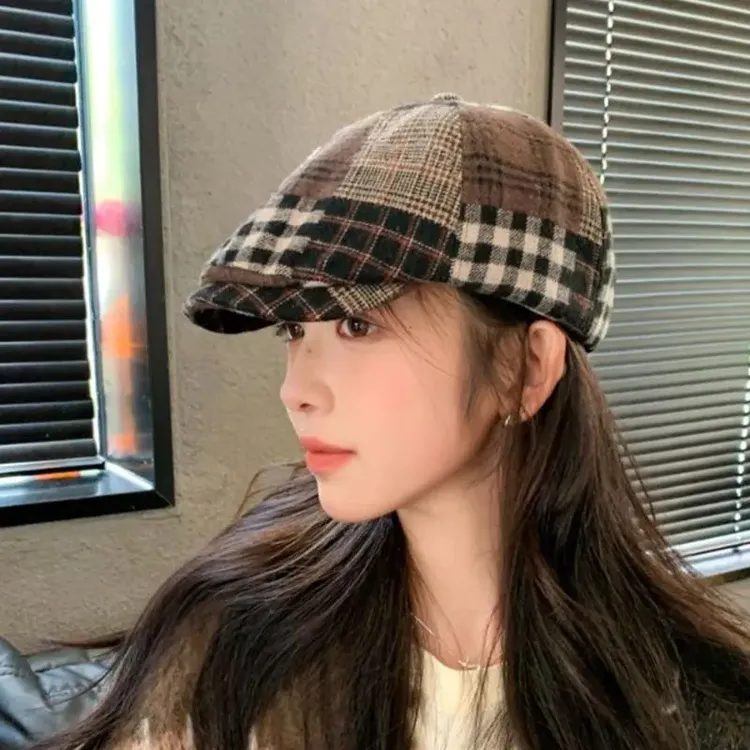 复古格纹前进帽子女秋冬百搭显脸小贝雷帽新款时尚反戴报童鸭舌帽