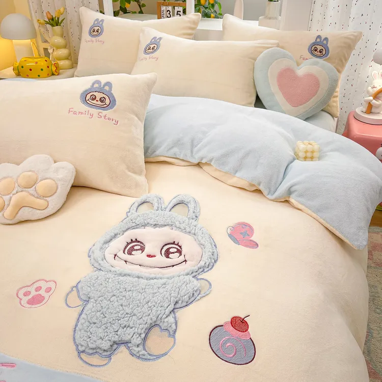 加厚牛奶绒床上四件套床品儿童珊瑚法兰绒贴布绣被套床单人三件套