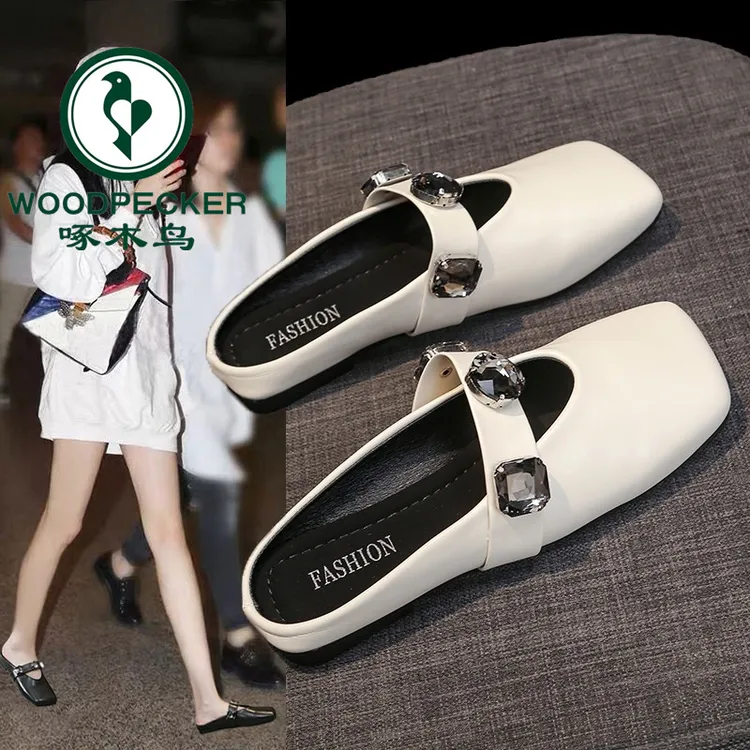 啄木鸟2025新款法式水钻方头半拖鞋女夏季外穿包头懒人休闲穆勒鞋