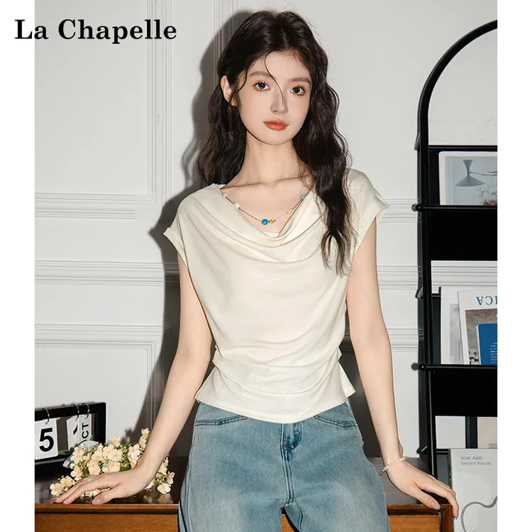 拉夏贝尔不规则荡领短袖T恤2025夏季新款修身收腰体恤短款上衣潮