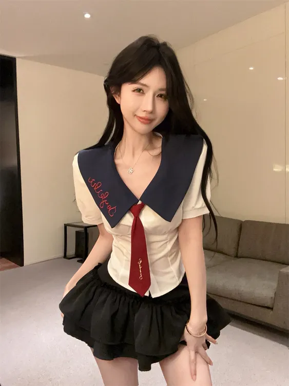 jk制服套装夏季学院风海军领甜辣短袖衬衣女蓬蓬蛋糕裤裙子两件套