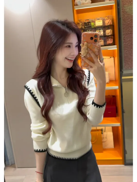 撞色半拉链高领毛衣外套女2025秋冬新款洋气减龄慵懒风针织衫上衣