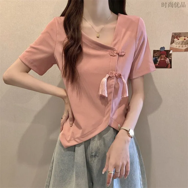 大码女装新中式盘扣不规则短款上衣夏季胖mm遮肚子v领正肩短袖T恤