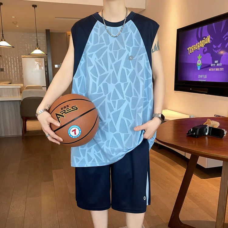 夏季无袖t恤男孩初中学生冰丝速干篮球服运动套装青少年大童背心