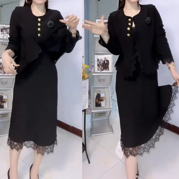 时尚气质显瘦洋气两件套百搭蕾丝拼接上衣半身裙
