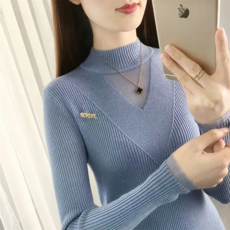 清仓捡漏~专柜蕾丝针织衫上衣女春季修身半高领洋气毛衣打底衫