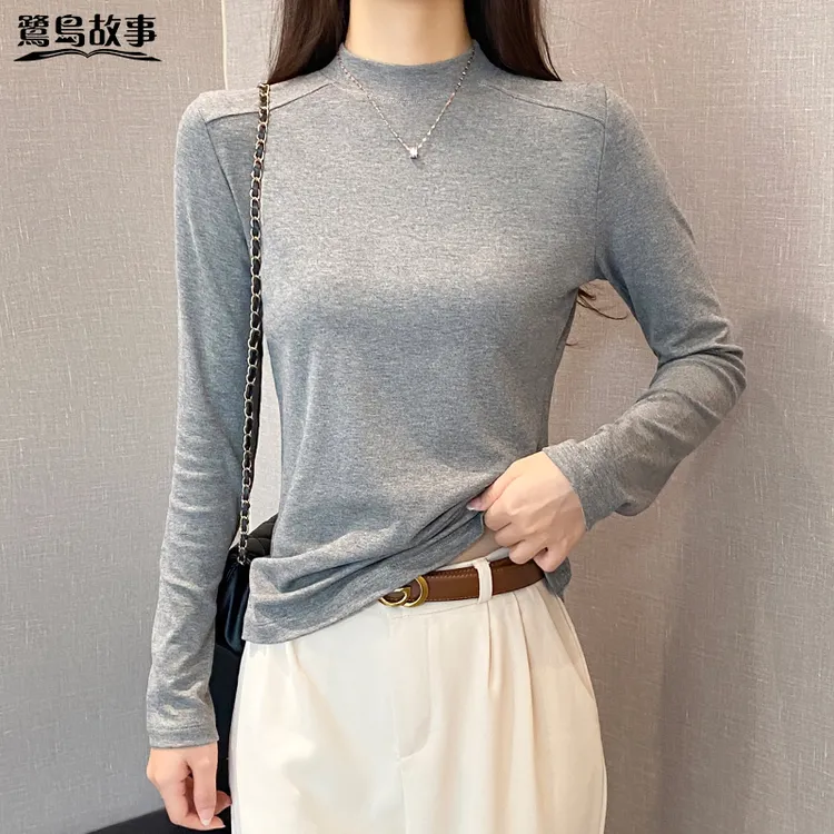 鹭岛故事半高领鱼骨长袖t恤女春秋内搭修身中领显瘦打底衫上衣潮