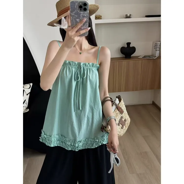 SP【夏夜倒影】棉麻木耳边吊带背心抽绳花边上衣➕松紧腰阔腿裤套装