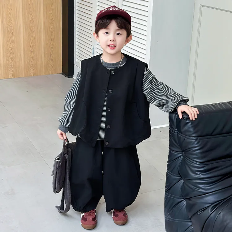 儿童秋装套装2025新款男童秋季韩版宝宝洋气条纹打底马甲三件套潮