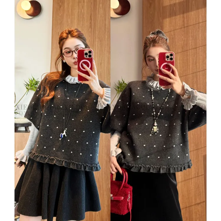 谢荞荞「雪域星光」绵羊毛浣熊兔毛波点圆领下摆木耳边宽松针织毛衣