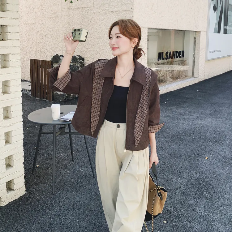 咖色复古格纹拼接连帽短外套女2025年秋季韩版小个子宽松休闲夹克