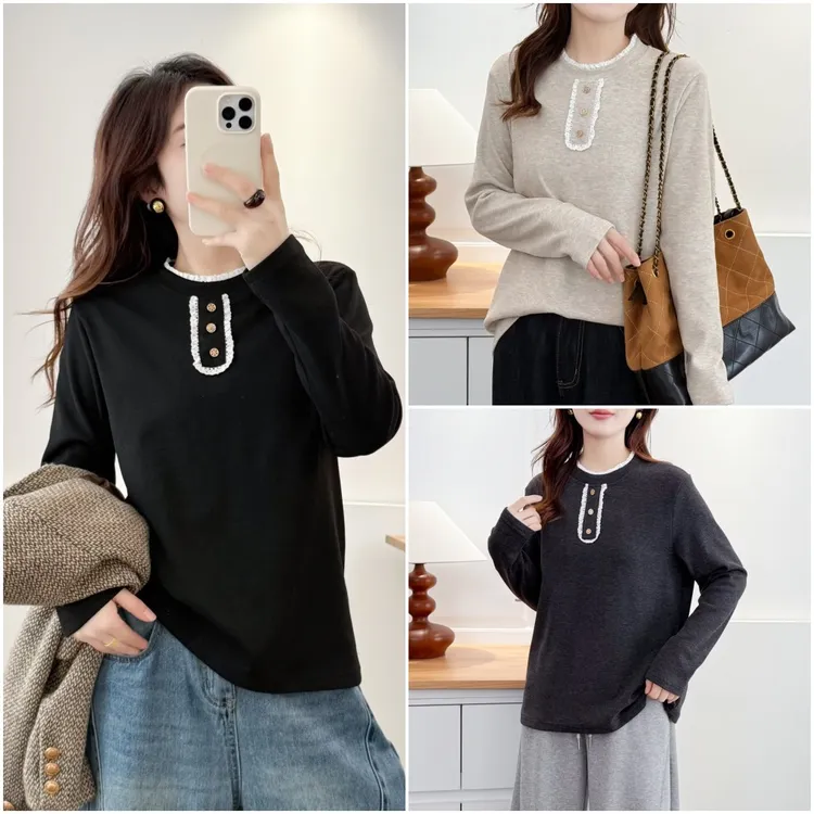 胖mm设计感显瘦圆领打底衫秋冬新款加厚保暖长袖上衣T恤9972