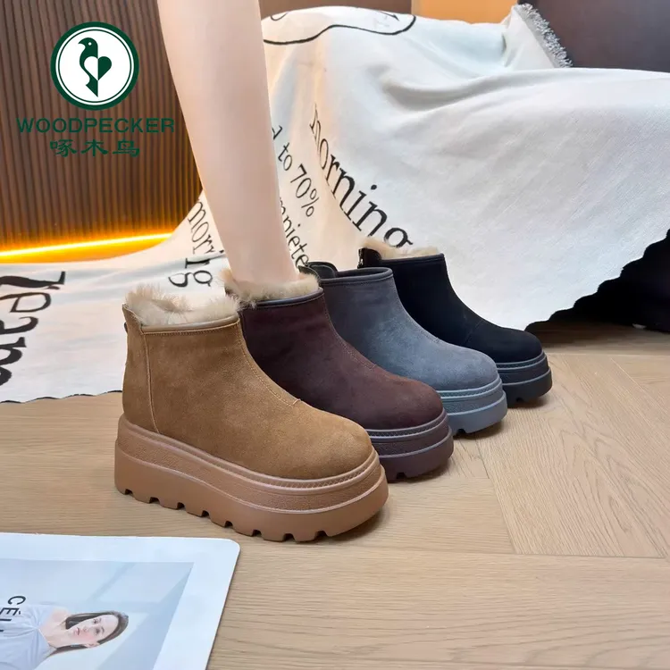啄木鸟厚底增高8CM雪地靴女冬2025新款加绒加厚面包棉靴保暖棉鞋