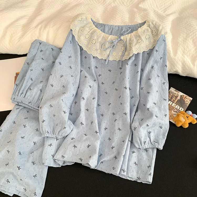 云朵棉蕾丝花边圆领套头浪漫睡衣家居服套装长袖长裤特大码秋季新