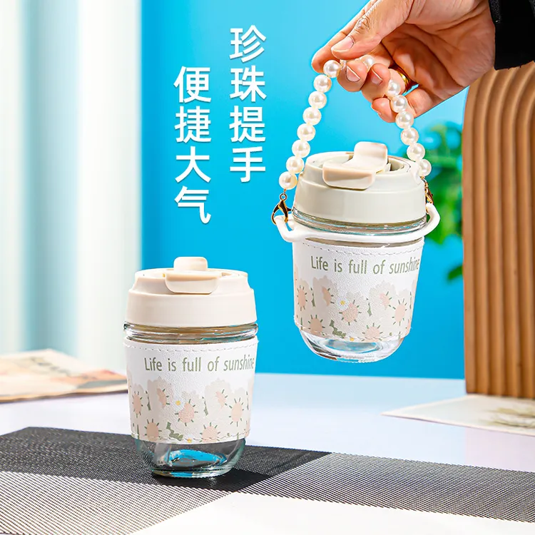 带吸管有盖玻璃印花花卉玻璃杯咖啡杯网红可爱便携玻璃水杯吸管杯