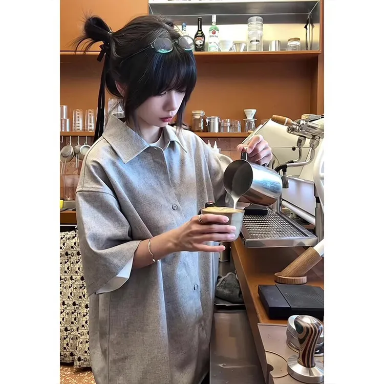 韩系月影花纱亚麻短袖衬衫夏季翻领撞色设计感宽松小众POLO衫男款