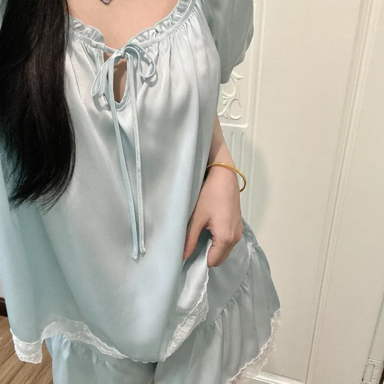 法式高级蕾丝花边缎面冰丝睡衣女2025春夏款大码家居服套装女ins