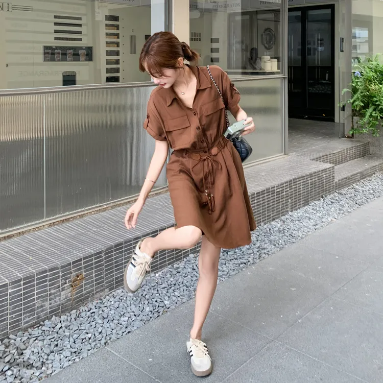 韩系风工装连衣裙女2025夏新款高品质设计感宽松遮肉显瘦亚麻裙子