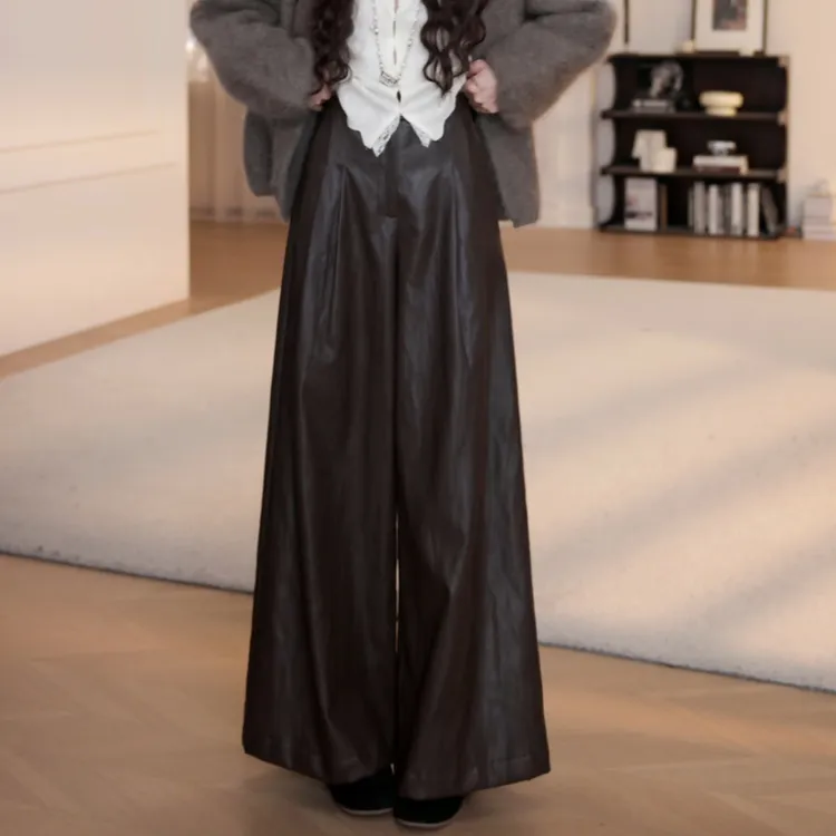 【YANYAN】咖色pu皮裤直筒裤女新款高腰休闲裤长裤YY-5484