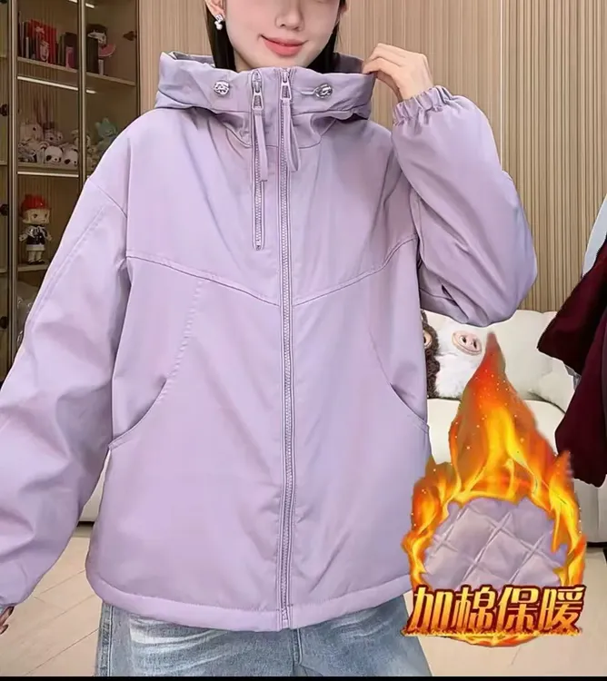 宽松型长袖保暖连帽厚款拼接棉服加厚防风秋冬外套