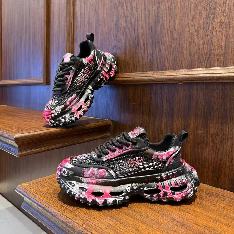 男鞋2025夏季时尚渐变擦色网面编织厚底老爹鞋潮流个性增高潮男鞋