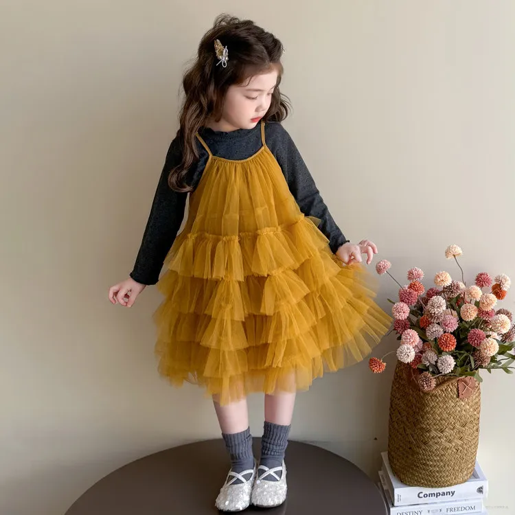 女童连衣裙秋装2025新款儿童吊带蛋糕裙套装女孩秋季长袖网纱裙子