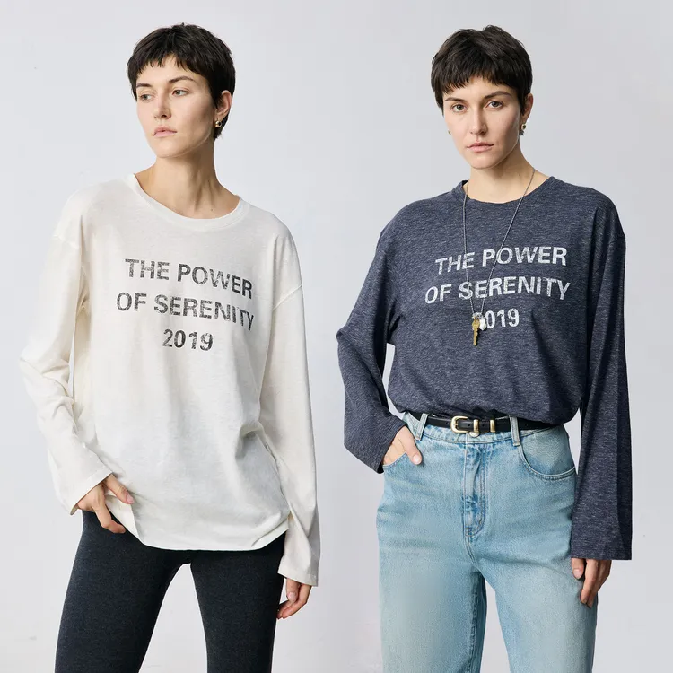 MARIUS "字母T"棉天丝混纺牛仔纱实穿宽松直身落肩长袖字母T恤