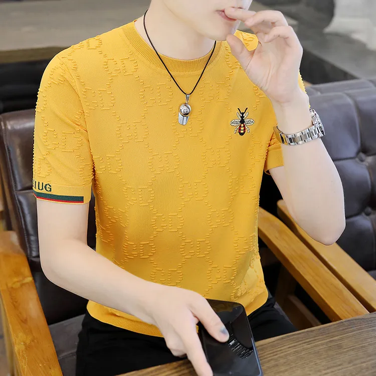 80-240斤小蜜蜂刺绣男款短袖t恤2025新款夏季圆领薄款修身休闲T恤