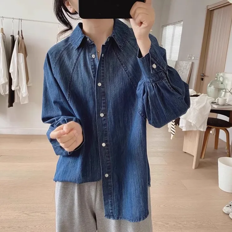 法式复古牛仔衬衫外套秋季2025新款蓝色衬衣女款秋季法式通勤衬衫