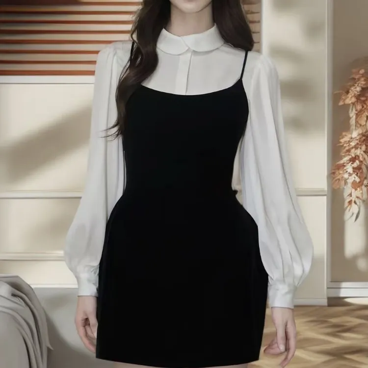 【绒夜绮梦】法式气质交叠领衬衫丝绒吊带收腰显瘦A字连衣裙套装