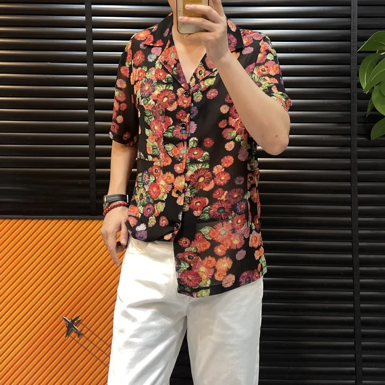 男士欧美简约常规标准型青年衬衫男装印花复古复古风