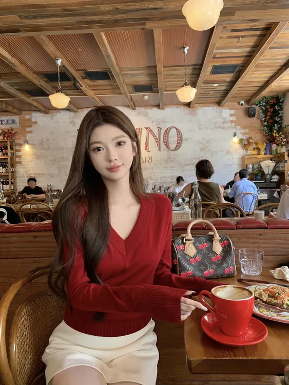 老钱日常 松弛感简约V领打底衫针织长袖毛衣显瘦纯欲性感包臀短裙