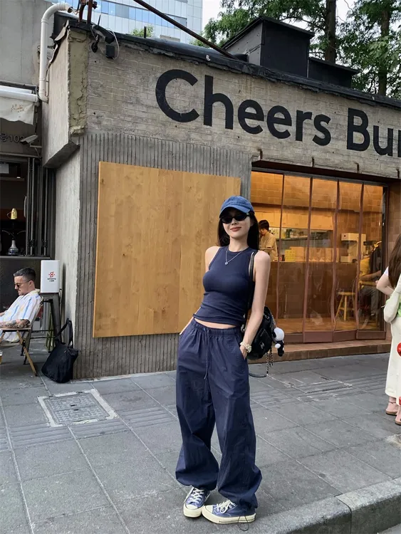 夏季新款纯欲慵懒风女装美式辣妹吊带背心高腰宽松直筒工装长裤