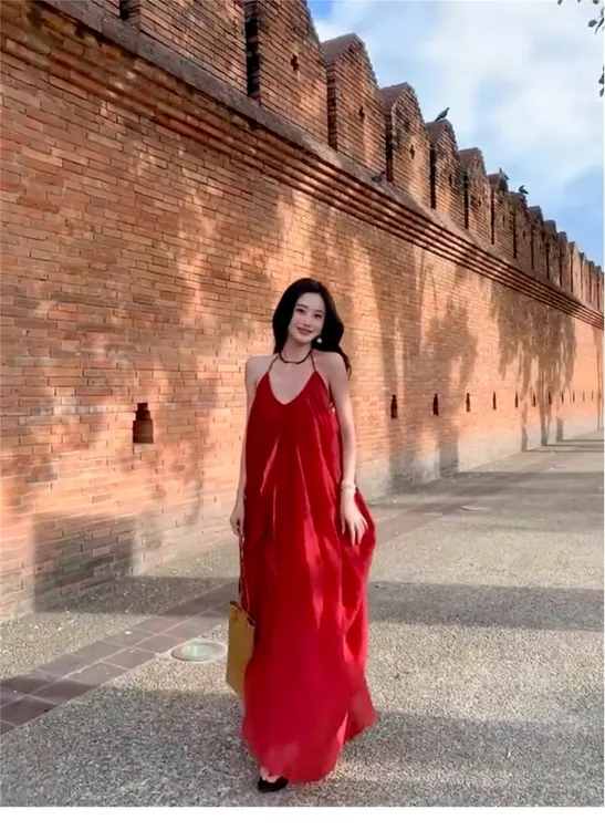 【现货+运补】度假风紫色挂脖吊带连衣裙夏季气质v领仙女长裙4092