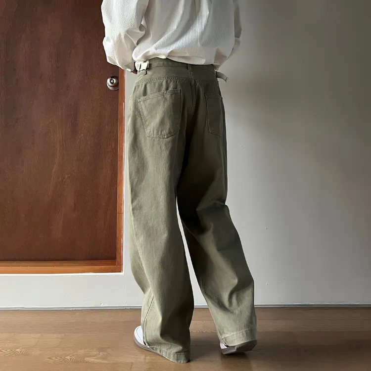 韩系军绿色水直筒牛仔裤男士春秋东大新款日系高级感小众阔腿长裤