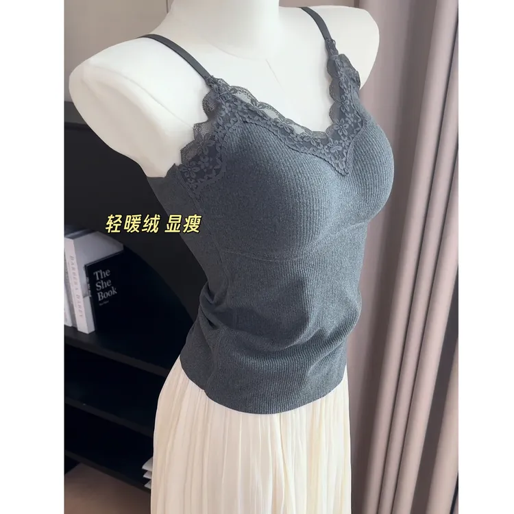 原创秋冬V领蕾丝螺纹保暖内衣吊带背心女带胸垫无痕内搭文胸罩