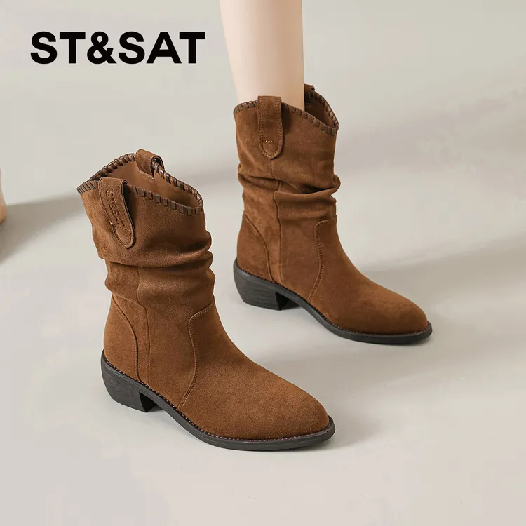 星期六厚底短靴女款2025新款秋冬美拉德堆堆靴爆款复古西部牛仔靴