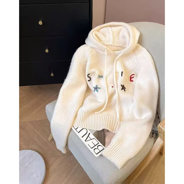 【丹姐家~字母花朵帽衫~】百搭连帽抽绳套头针织衫