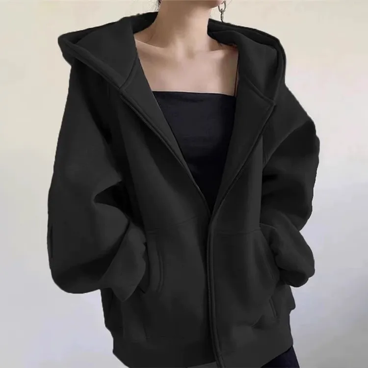 秋冬黑色卫衣外套长袖加绒加厚休闲春秋薄款宽松开衫拉链连帽上衣